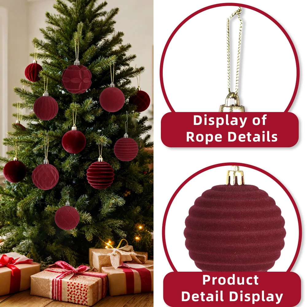 12pcs 6cm Velvet Wine Red Christmas Ball Ornaments Christmas Tree Pendant 2025 Xmas Party Decoration 2026 New Year Home Decor