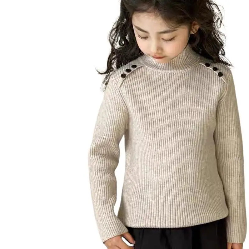الفتيات الخريف الشتاء محبوك سترة الصلبة طويلة الأكمام قمم الوقوف طوق البلوز مريحة قاع قمصان الأطفال الملابس #6