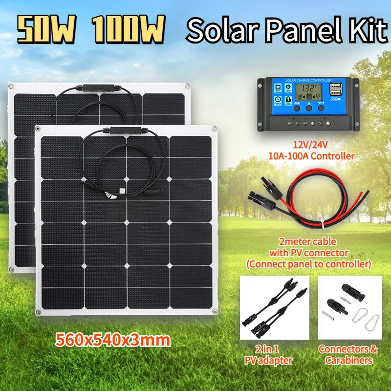 

50W 100W Solar Panel 18V Flexible Solar Panel with Connector Solar 10-100A Controller for Phone Car RV Boat Charger