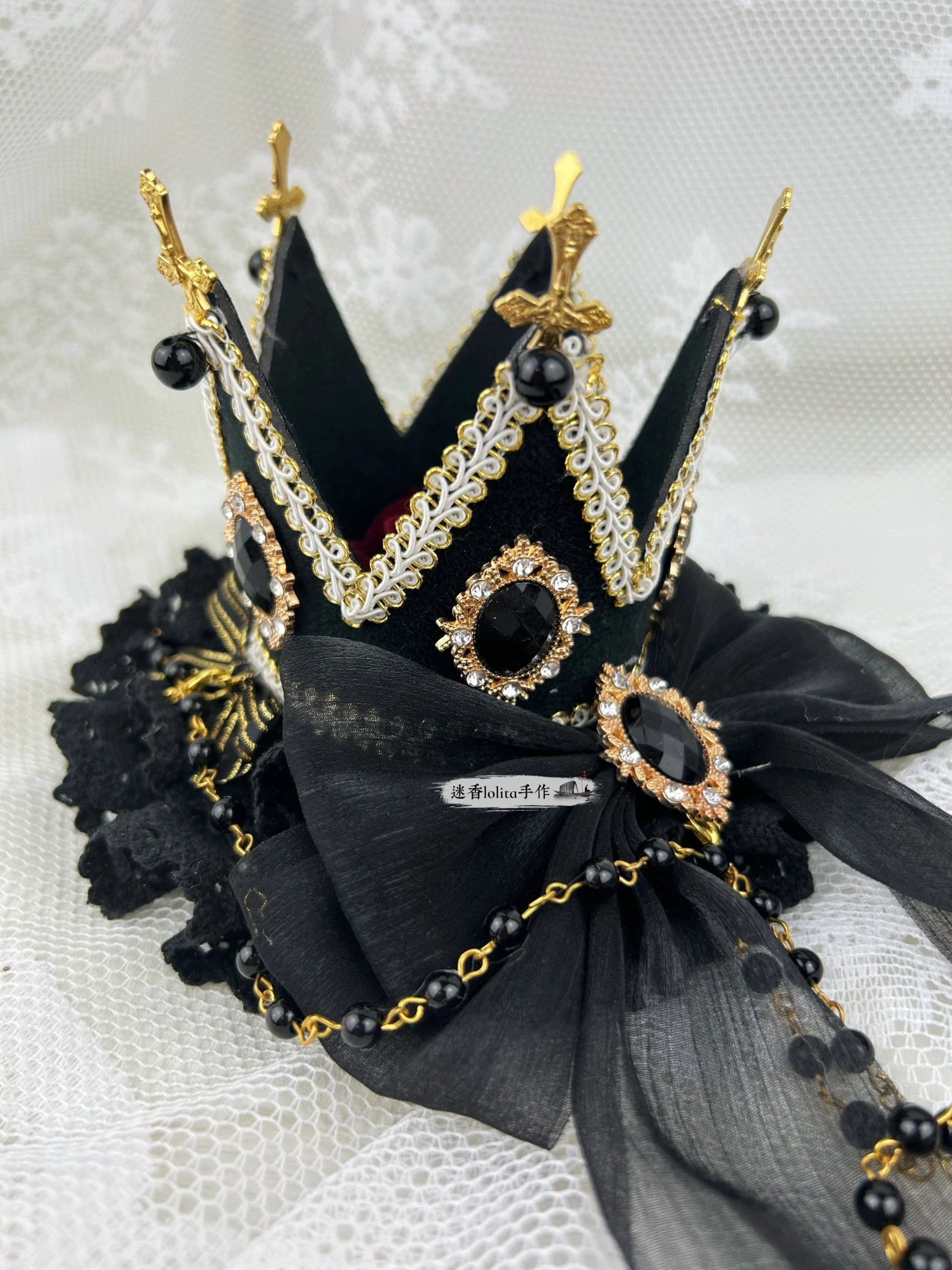 カスタムロリータオリジナル手作りシルクハットゴシックヴィンテージコートブラックゴールドゴージャスクラウンハットヘアアクセサリーヘアピン