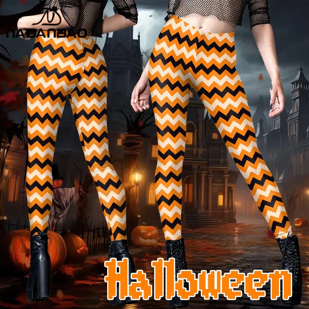 

Nadanbao Halloween Women Leggings Sexy Yellow Black Wavy Stripes Printing Holiday Party Pants Female Funny Elastic Tights Pants