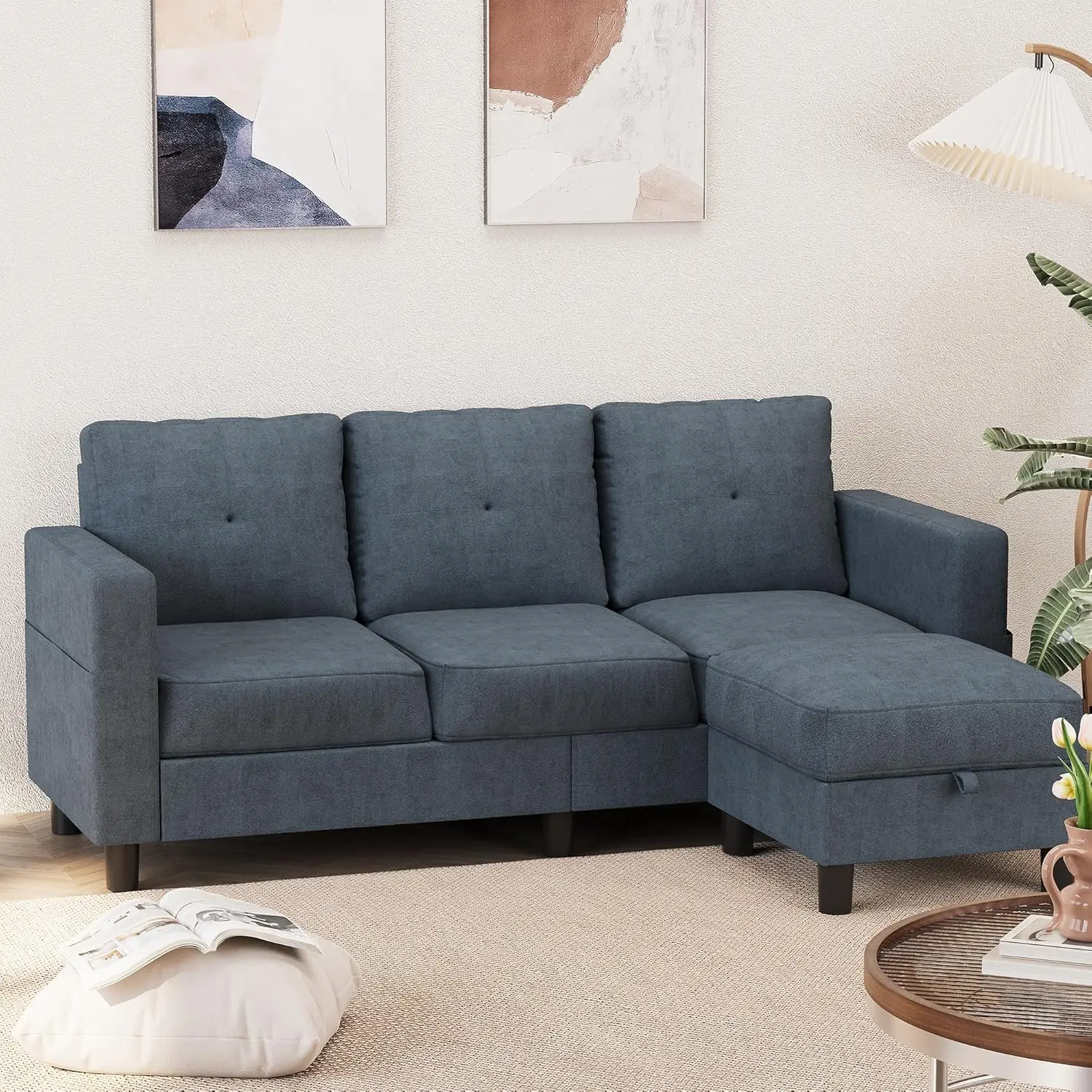 

'76' Modern Upholstered Sectional Sofa, L-Shaped Couch, Storage Ottoman, Reversible Chaise, Dark Gray Linen'