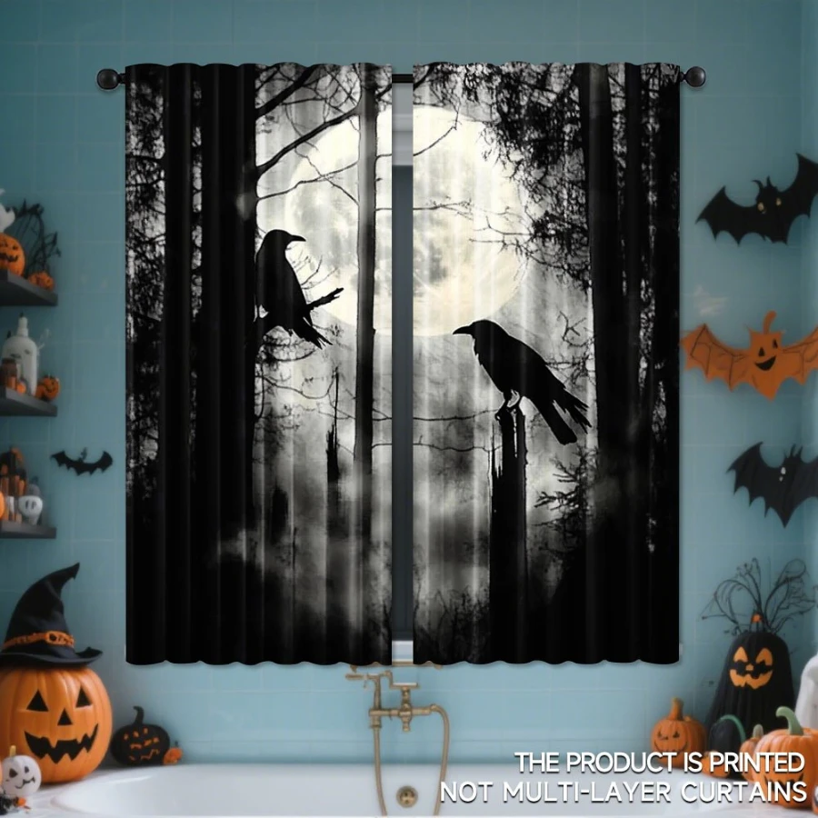 2PCS Digital Printed Curtains, Black White Forest Two Crows Full Moon Mist, Gothic Dark Woodland Silhouette Window Decor Room