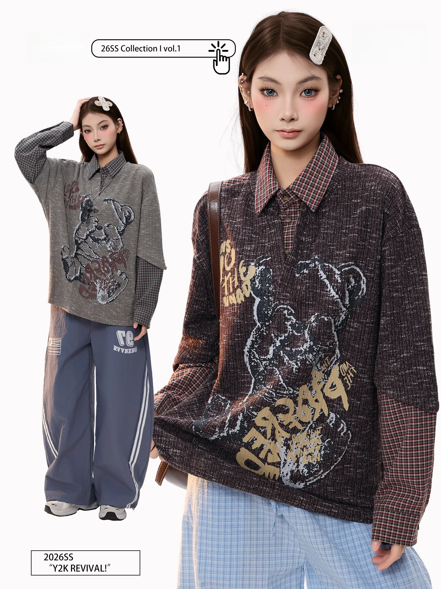 

PBB American Retro Bear Print Long Sve irt Women's Loose Plaid Patchwork Collar T-irt Spring Faion Ladies' Top