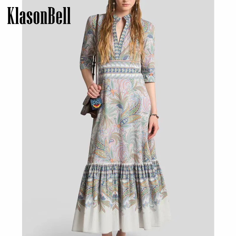 

8.7 KlasonBell Women's 2024 Summer New Beach Holiday Print Dress Vintage Elegant V-Neck High Waist Spliced Big Hem Long Dress