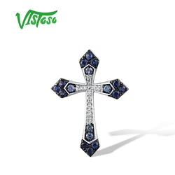 VISTOSO Real 14K 585 White Gold Pendant For Women Sparkling Diamond Blue Sapphire Classic Cross Trendy Party Gift Fine Jewelry