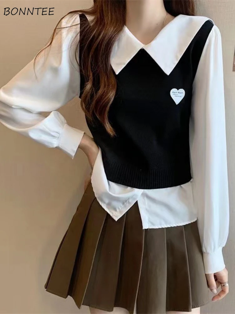 

Sweet Shirts Women Korean Fashion Autumn Basic Preppy Temper Gentle Fake Two Pieces Age-reducing Streetwear Aesthetic Tops Ins