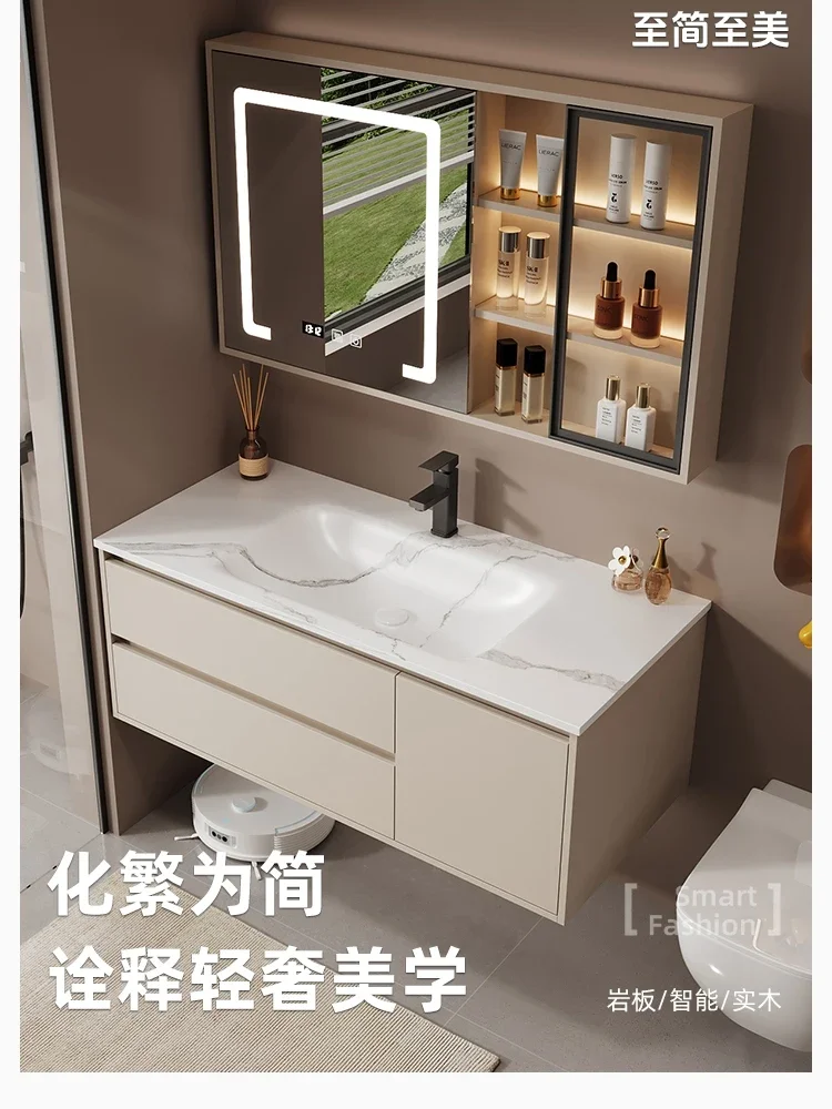 Custom light luxury rock plate basin washbasin toilet solid wood cream air bathroom cabinet wash hand washbasin