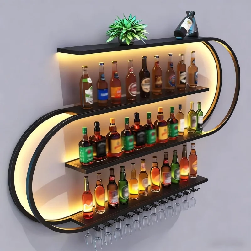 

4-ярусная настенная винная полка с LED-подсветкой, стеллаж для демонстрации бутылок с подставкой для стаканов, для домашнего бара, гостиной, кухни