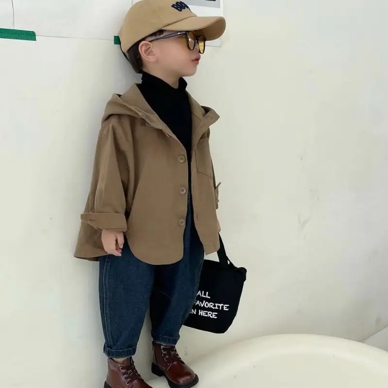 2026 Autumn Boys Hooded Trench Coat Korean Style Fashion Kids Small Jacket Spring Outerwear