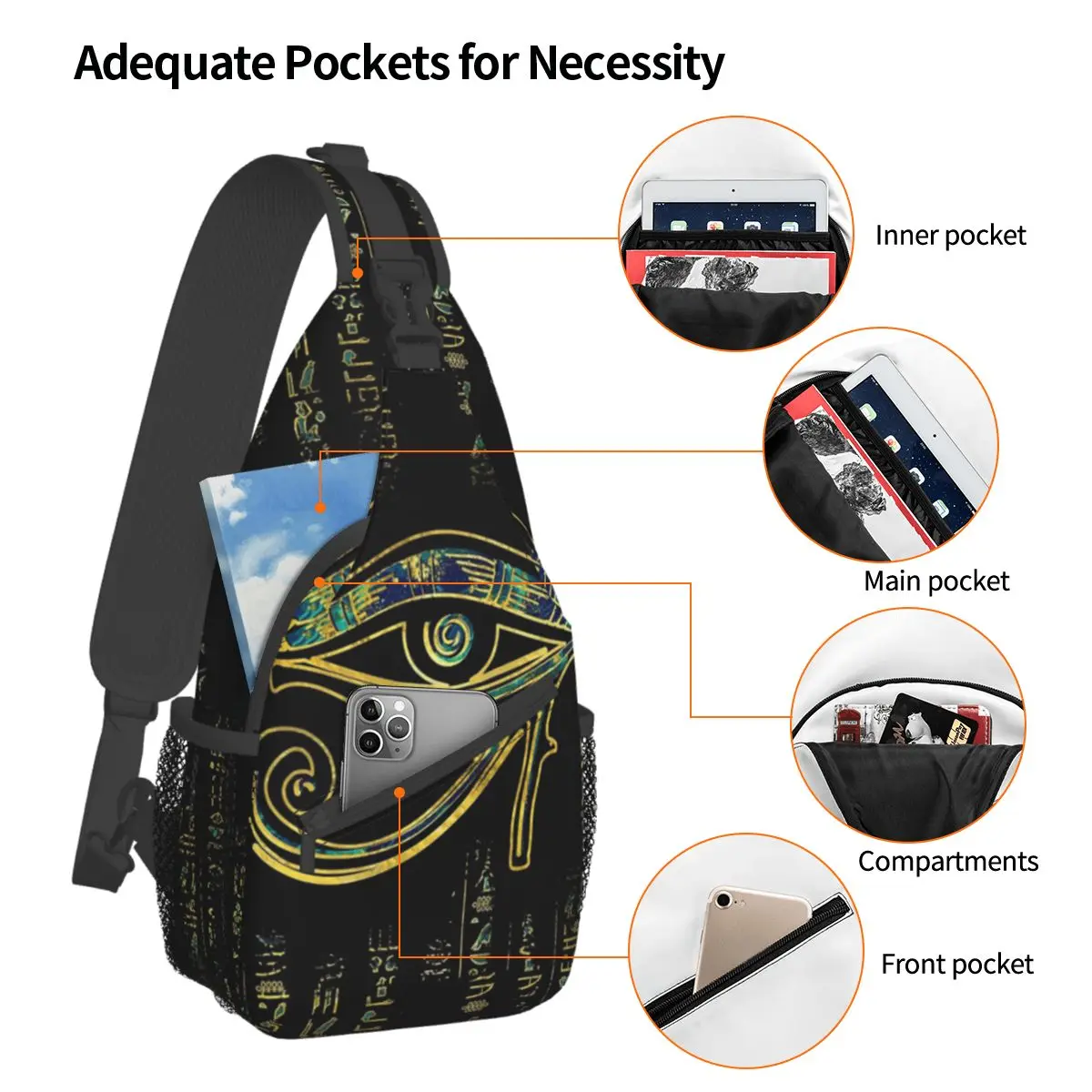 Egyptian Eye Of Horus Hieroglyphs Sling Bags Chest Crossbody Shoulder Backpack Outdoor Hiking Daypacks Egypt Printed Satchel