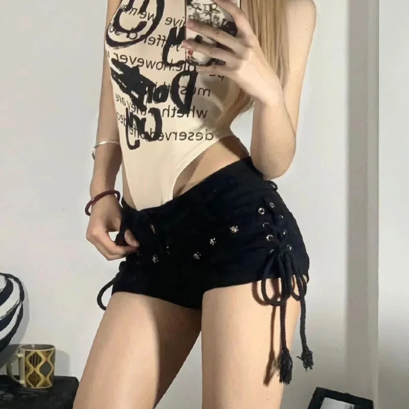 Willow Nail Mini Shorts Women Hot Sexy Summer Drawstring Black Gothic Harajuku Shorts High Street Chic Bandage Denim Pants