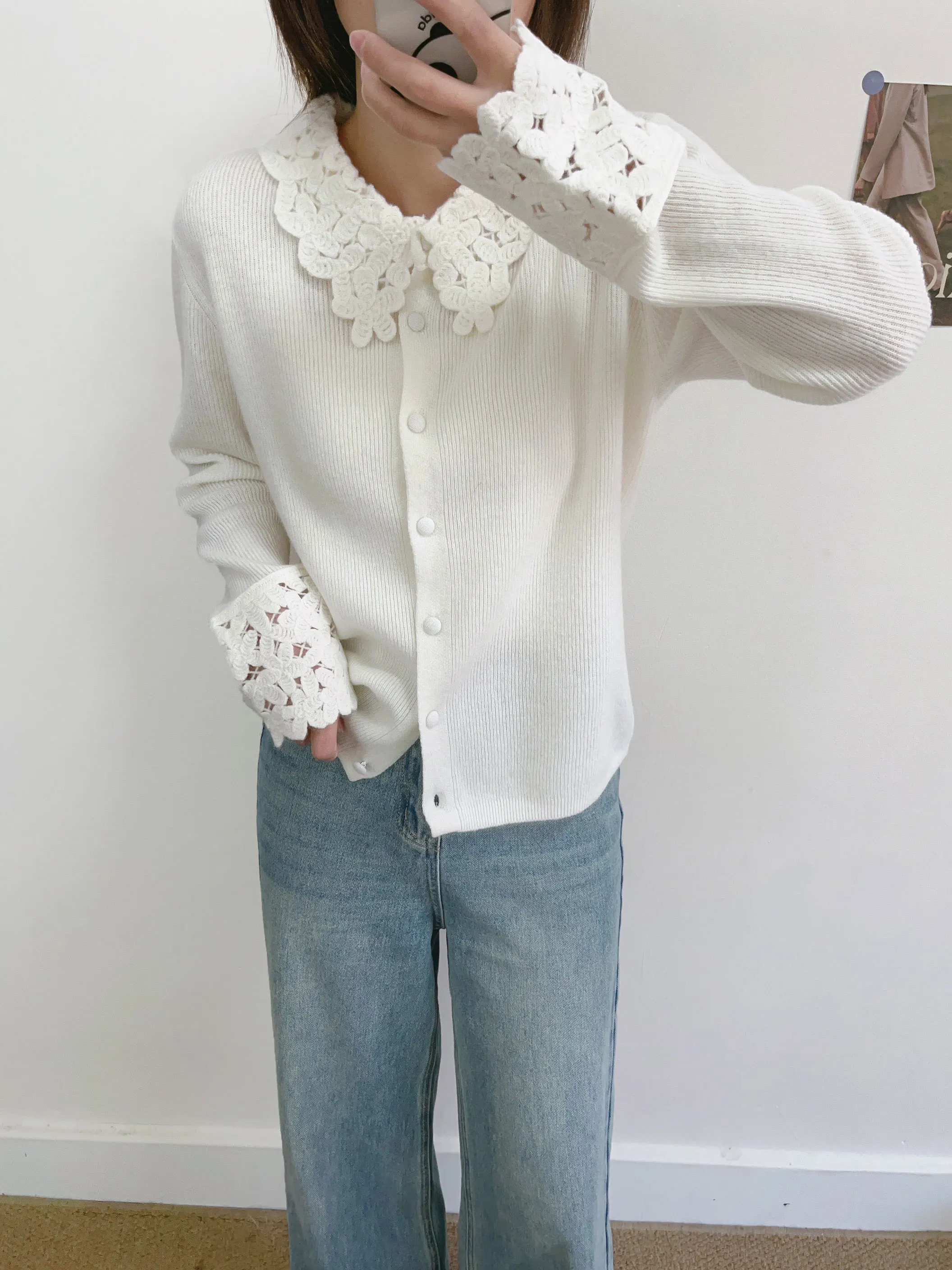 

Sweet White Knitted Woolen Cardigan Women's Sle Hollow out Collar Long Sve Soft Warm Winter Outerwear Korean Commute Fas...