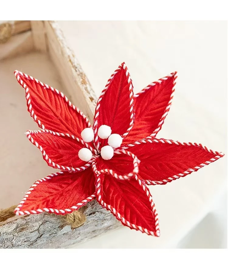 Classic Fabric Xmas Poinsettia Flowers Stem with Glitter for Home Decor and Christmas Tree Decor