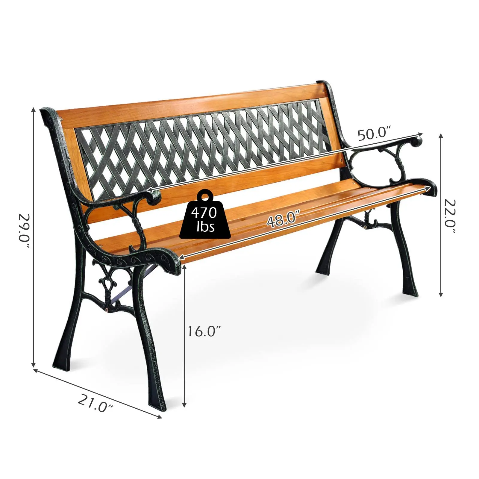 Outdoor Garden Bench, Wooden Park Bench with Diamond Weaving Backrest & Stable Metal Legs, Porch Bench Weatherproof for