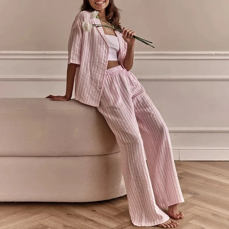 2026 Autumn New Women's Loungewear Set Striped Long Sleeve Cardigan Comfortable Home Leisure Outfit European American Style L
