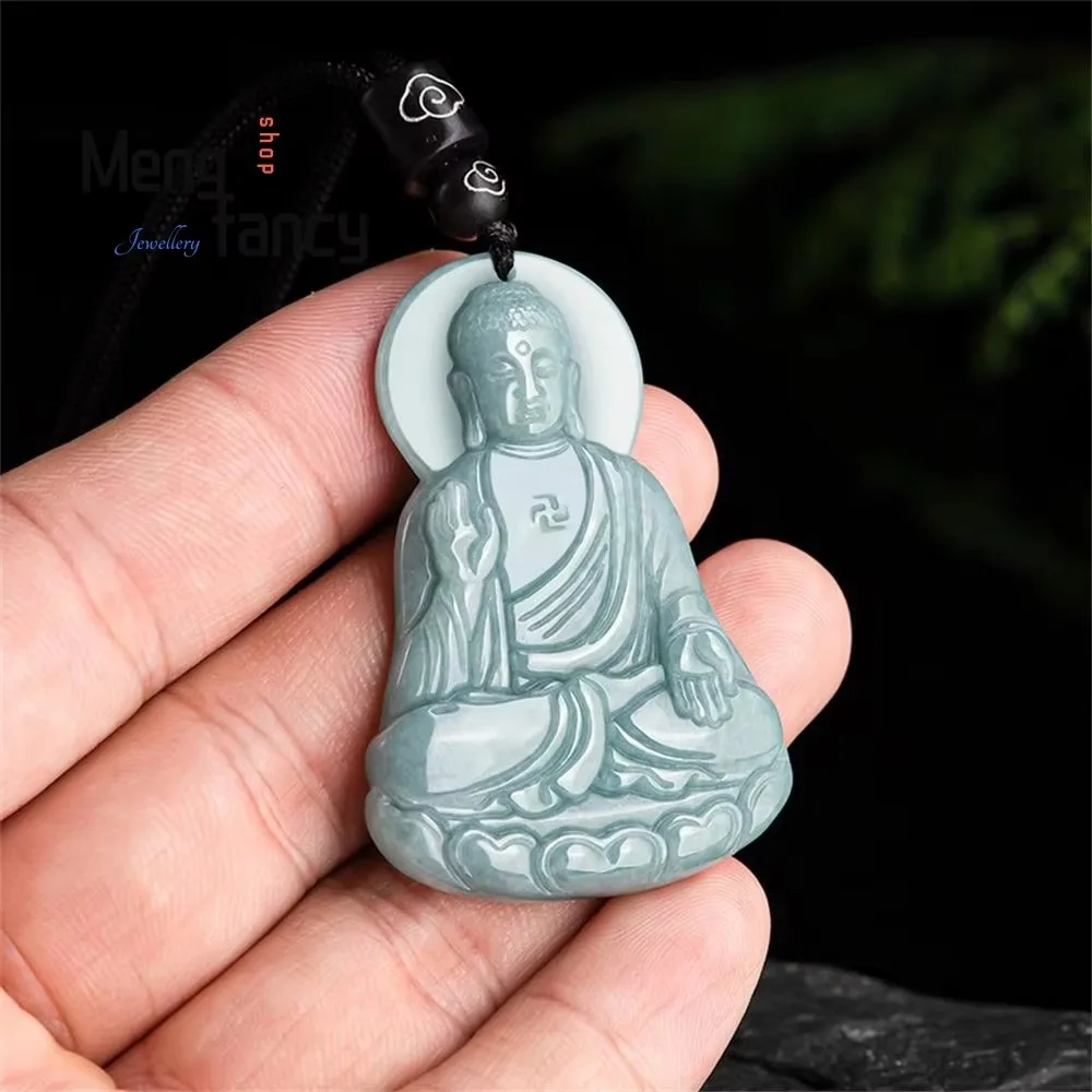 Natural A-goods Jadeite Blue Water Buddha Amitabha Pendant Superior Quality Exquisite Handicraft Fashion Jewelry Buddhist Amulet
