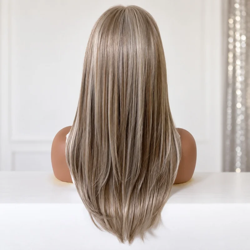 Mono Glueless Wig for Women Ash Blonde Highlights Long Straight Layered Synthetic Hair Natural Middle Part for Daily Use