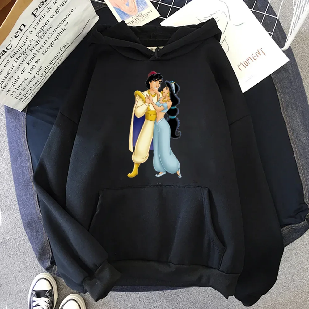 Harajuku Kawaii Disney Cartoon Hoodie The Wonders of Aladdin Print Unisex Black Hoodies Autumn Casual O-Neck Pullover Sweatshirt