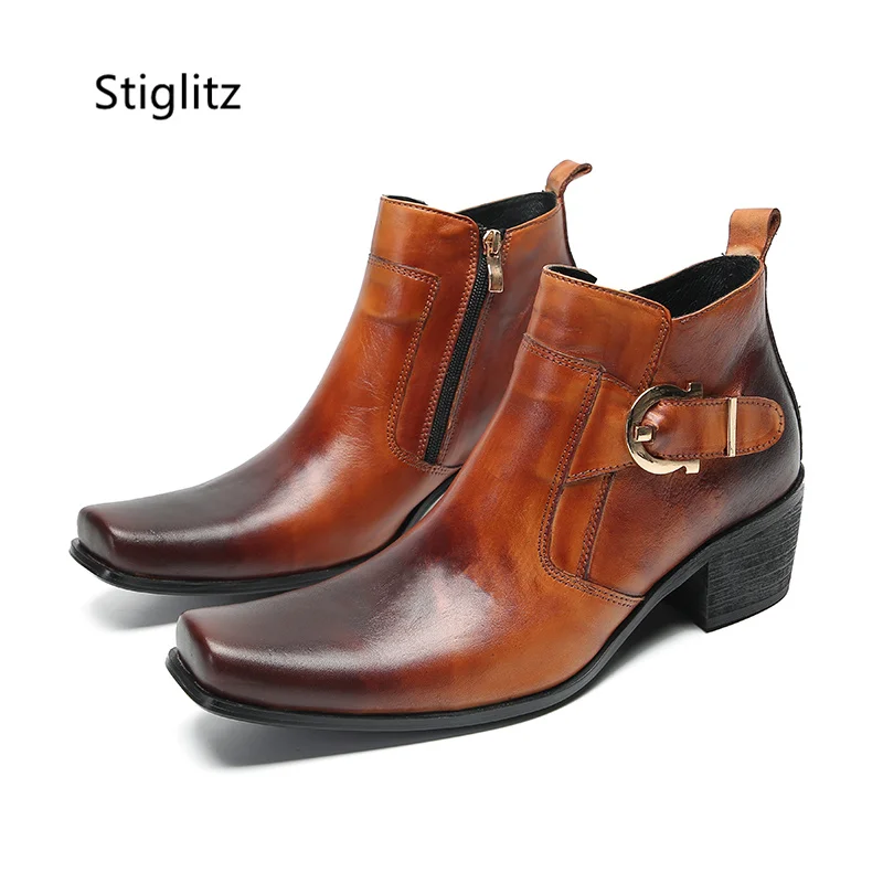 Metal Buckle Brown Square Toe Ankle Boots for Men Genuine Leather Zipper High Heels Wear-Resistant Dress Work Men's Shoes