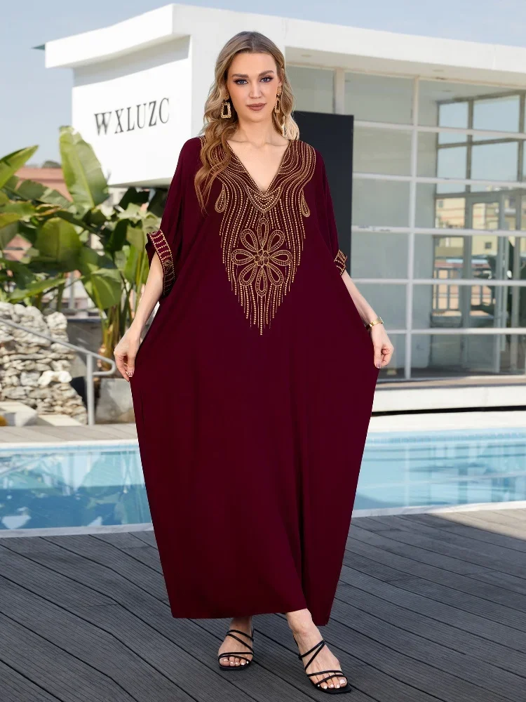 LORYLEI Wine Red Women\'s Embroidered Kaftan Long Dress 2024 Summer Women Bohemian Homewear Snazzy Cozy House Dresses  Q1639