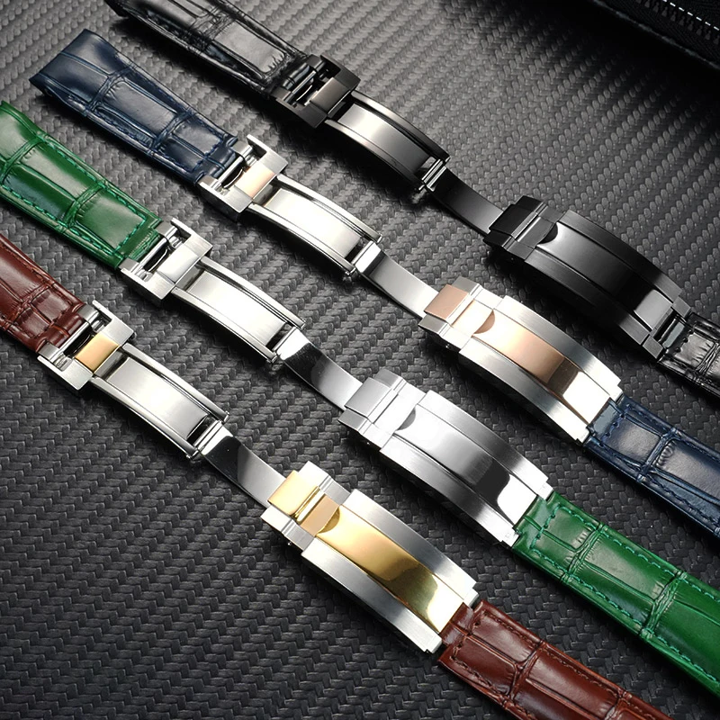 حزام ساعة من الجلد على شكل فم قوس لساعة رولكس الغواصة أسود أخضر شبح الماء GMT كونغبا دايتونا 20 مللي متر سوار معصم للرجال