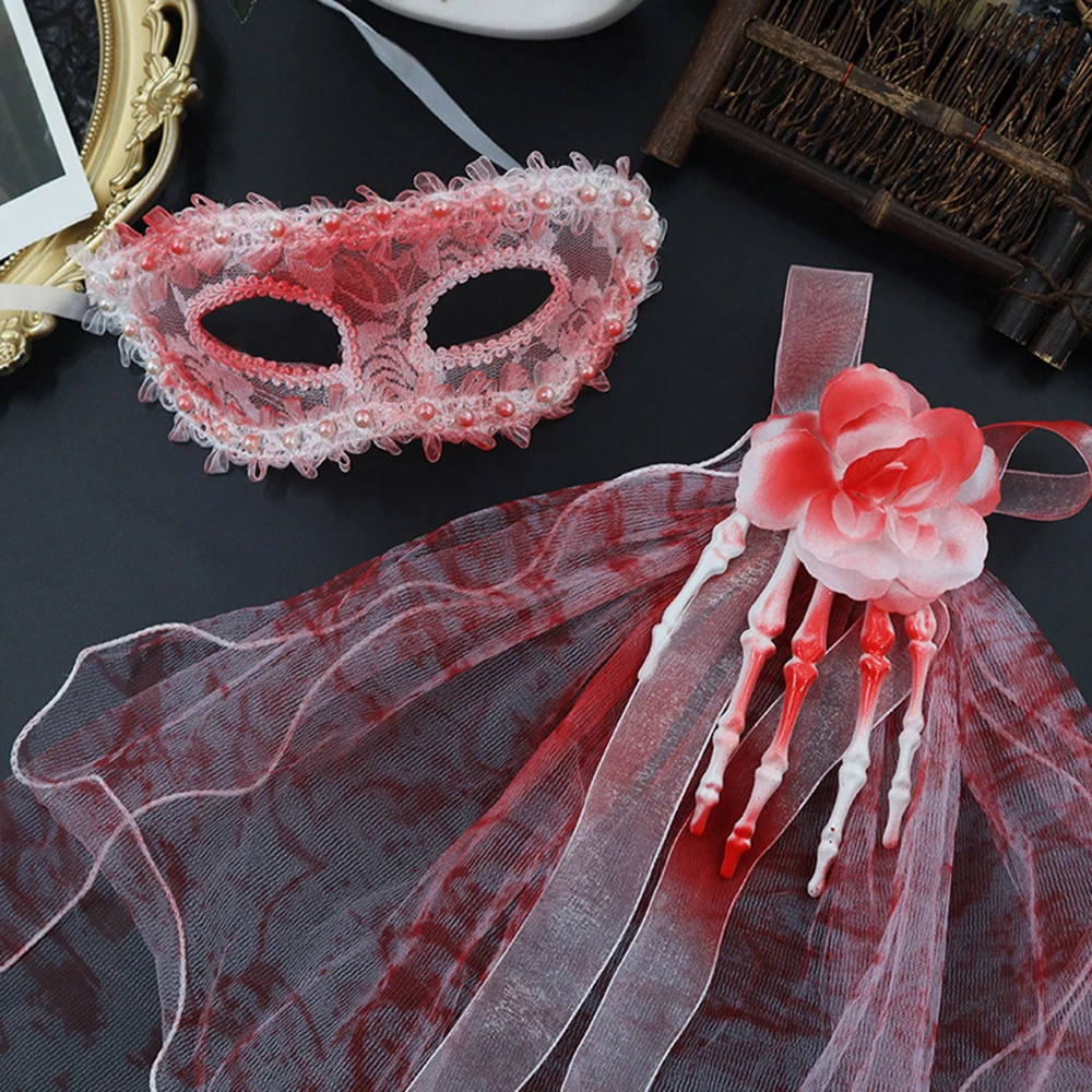 Feather Shawl Plastic Lace Collar Bloodstain Lace Mask Eye-Catching White Tulle Cloak For Halloween Costume Party Themed