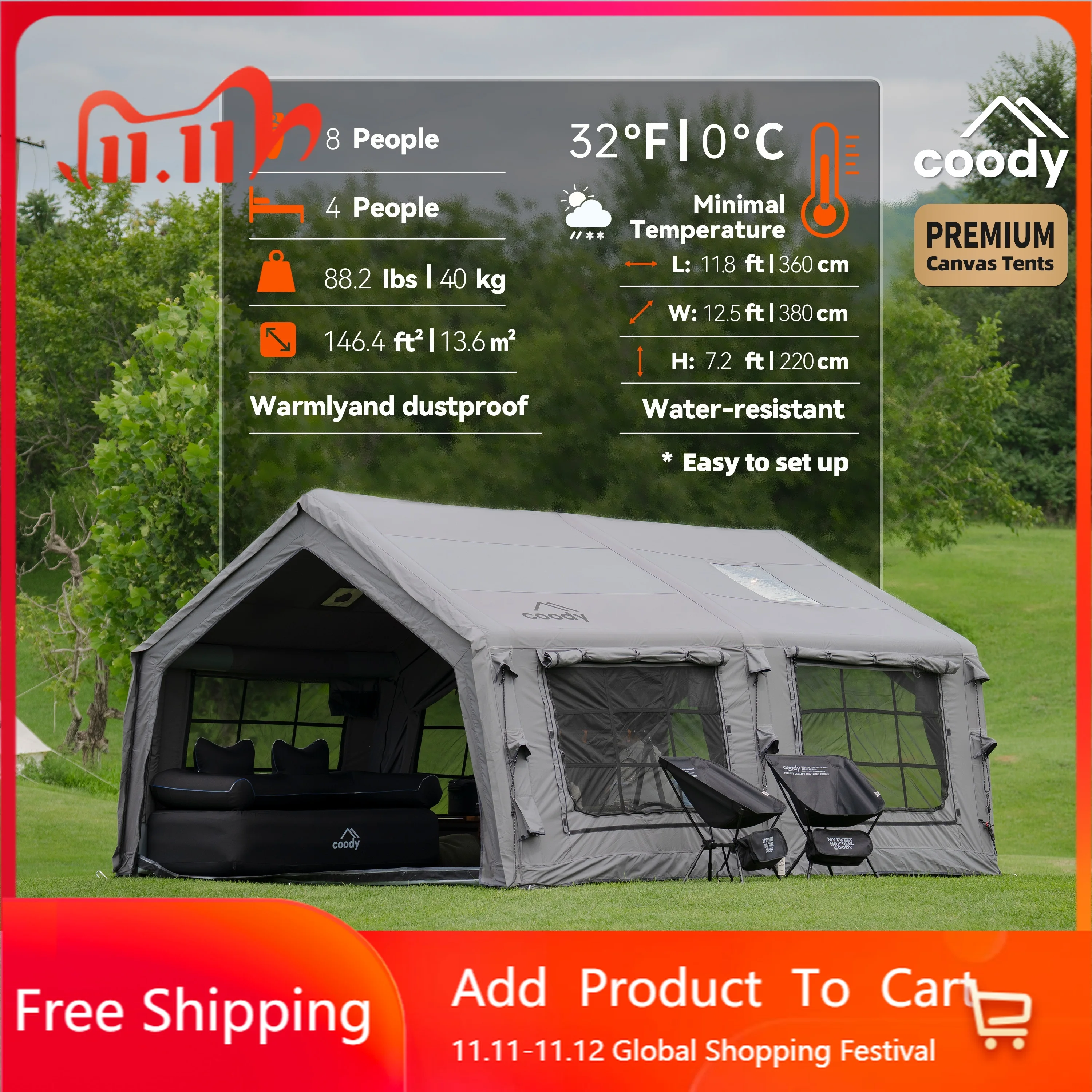 Gray Coody 13.6 Air Tent Cotton Material Large Capacity Inflatable Tent For Family Camping