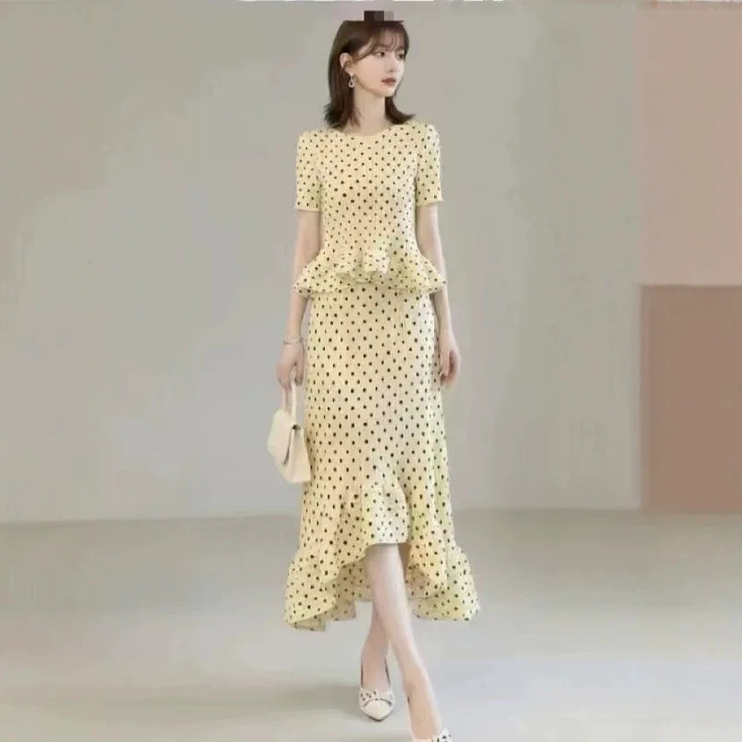 Miyake Polka Dot Temperament Short-sleeved Suit Women's Summer Waist Skirt Two-piece Set Age-reducing High-end Women's Clothing