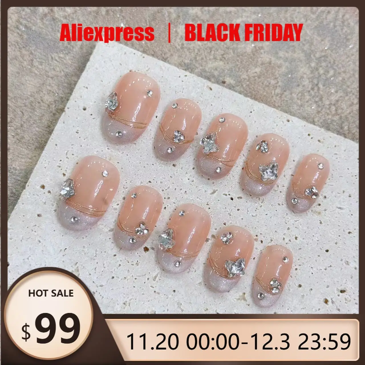 

10 шт. ногти ручной работы - телесный оранжево-розовый микс, короткие овальные ногти с бабочкой и стразами, глянцевый набор для французского маникюра