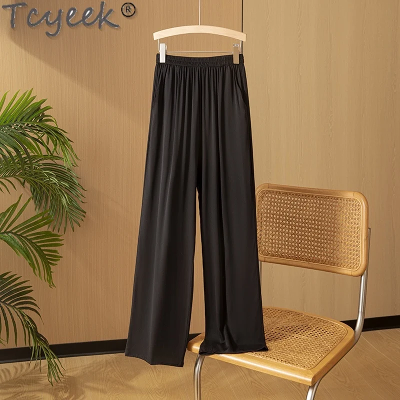 

Tcyeek 93% Mulberry Silk Black Pants Womans Clothing High Waisted Wide Leg Pants Women Summer Long Trousers Pantalones Mujer