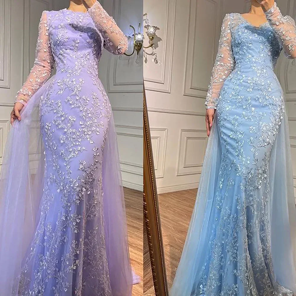 2024 moda di alta qualità elegante blu a maniche lunghe sirena coda di pesce Slim Fit abiti da sera squisito vestito da festa formale delle donne