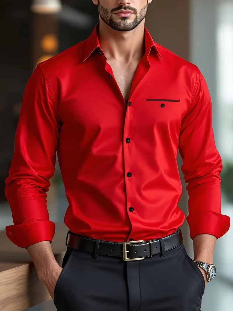 New Simple Texture Solid Color Red Shirt 3D Printed Men's Long Sleeve Daily Workplace Matching Top Shirt