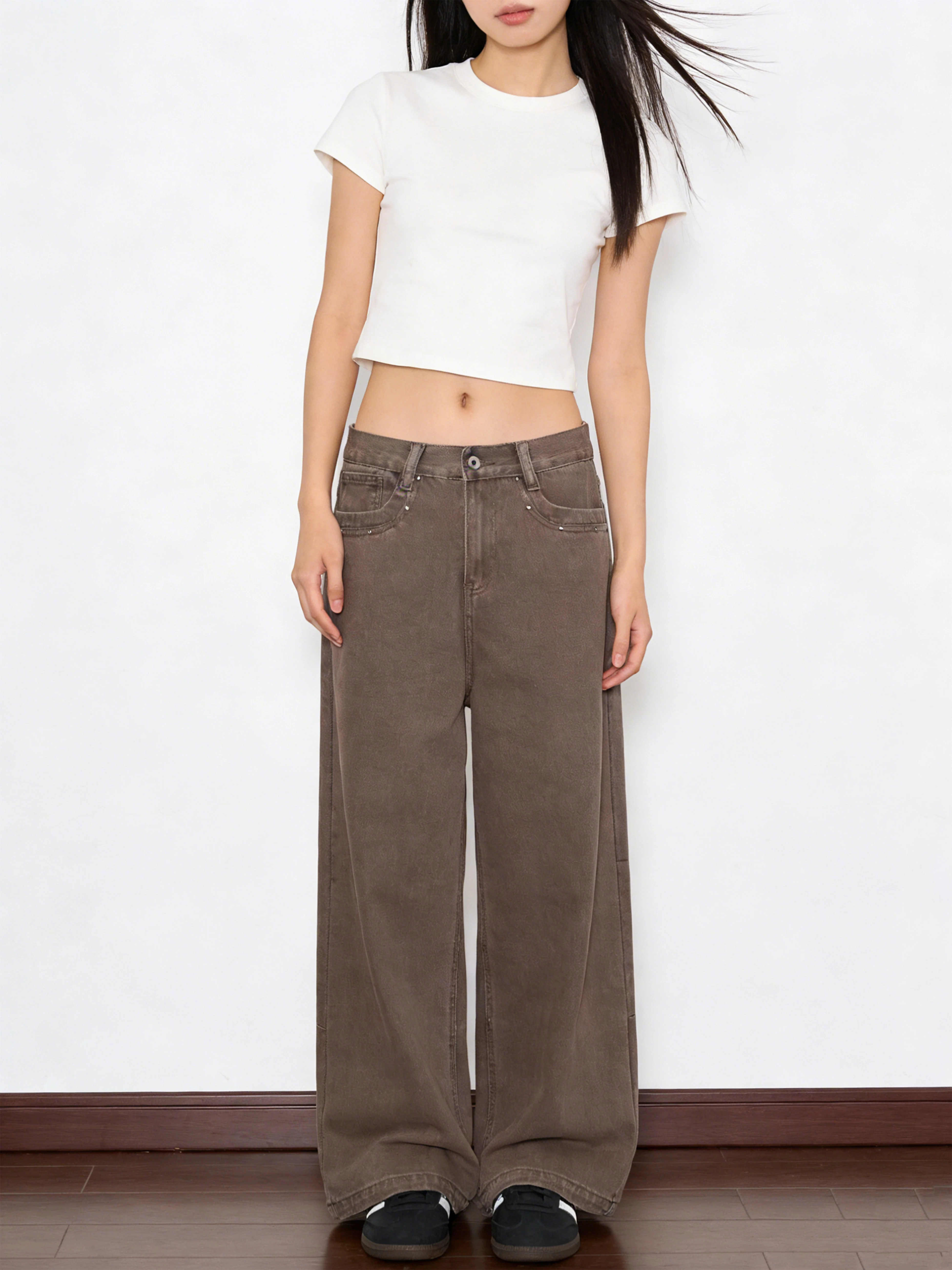 

Washed American Retro Denim Jeans Women Loose Wide Leg Pants Draping Versatile Small Crowd Floor-Length Pants
