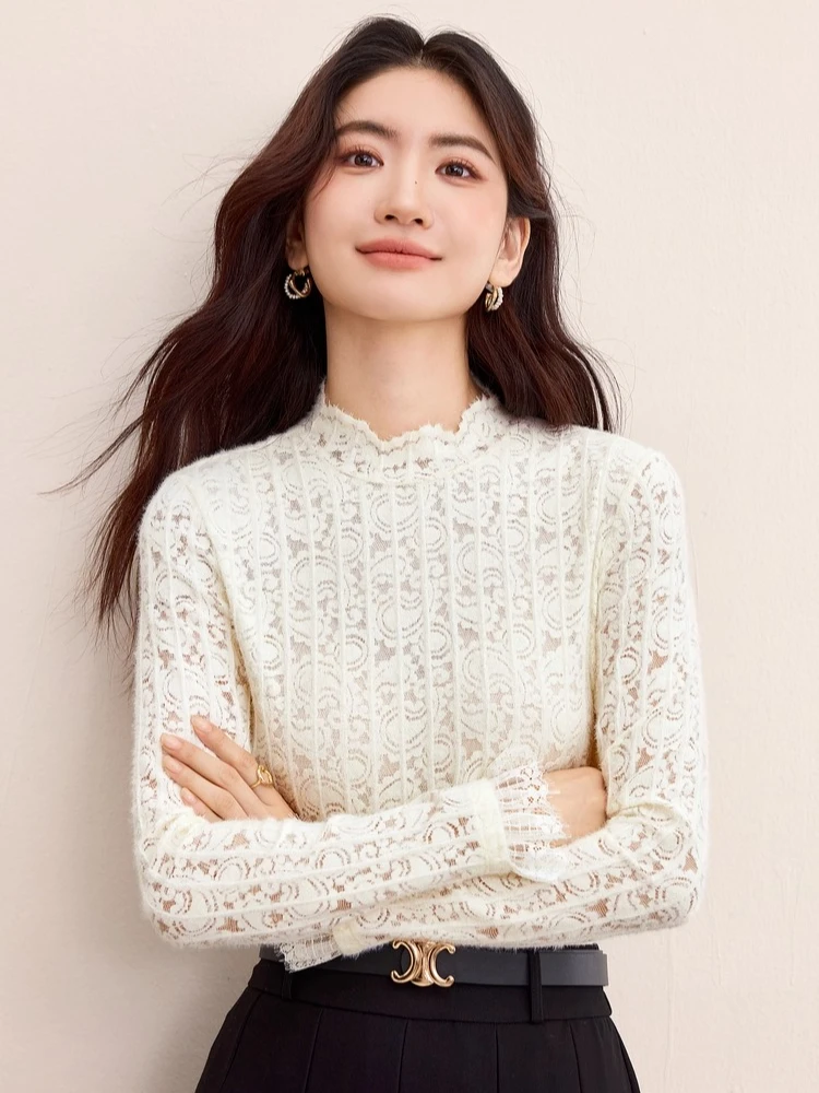 

SENTUBILA Women's Beige Long Sleeve Tops 2025 Autumn Elegant Lace Wavy Trim Semi-high Neck Hollow Out Design Lady Tees 153SA2695