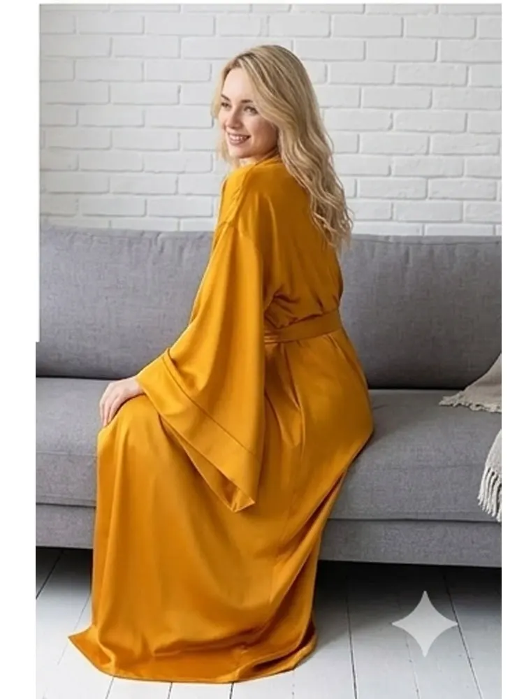 Women's Kimono Robes Floor Length with Wide Sleeves Long Satin Dressing Gown Bridal Lingerie Bridesmaid Robes Elegant Loungewear