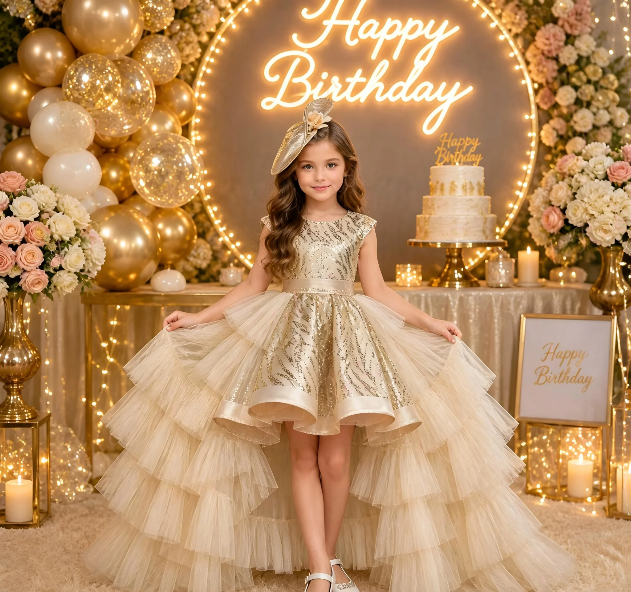 Girls Sequin High Low Prom Dress Sleeveless Tiered Tulle Trailing Gown Kids Birthday Party Pageant Flower Girl Dresses For Weddi