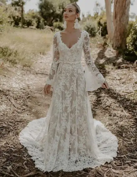 Boho Brautkleider A-Linie V-Ausschnitt lange Ärmel Tüll Spitze böhmischen Brautkleid Brautkleider Vestidos de Novia