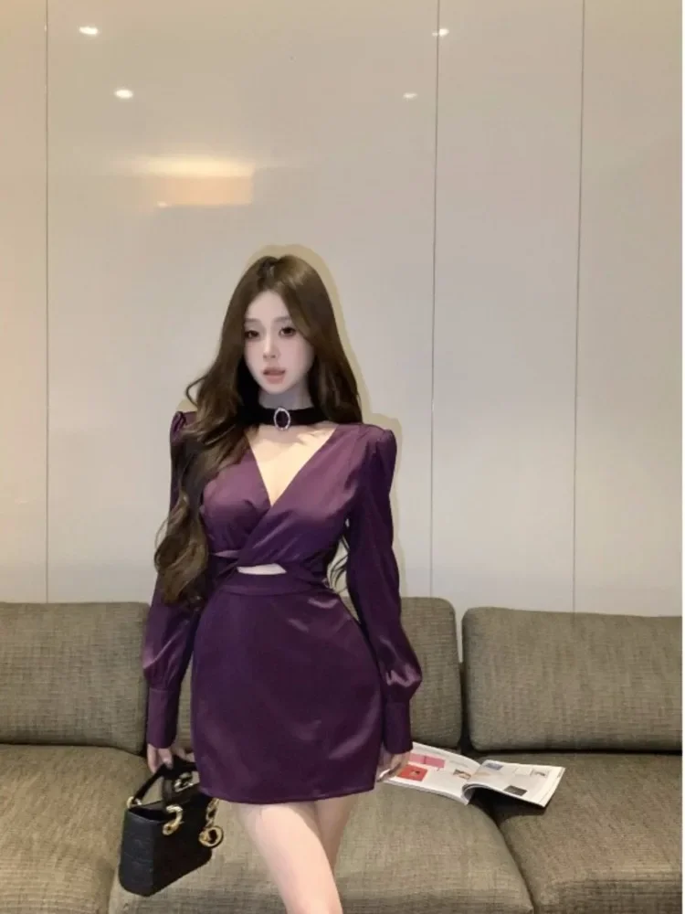 Korejepo Royal Sister Wind Purple V Neck Dress Women's 2024 Spring Dress New High End Beautiful Romantic Hip Skirt Short Vestido