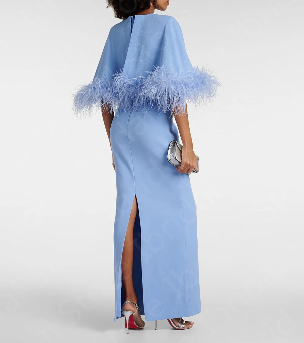 New Baby Blue Feather Dress 2024 Mother Gown for Women 3/4 Sleeve Mother of the Bride Dress Arabic Wedding Guest Gown Back Slit