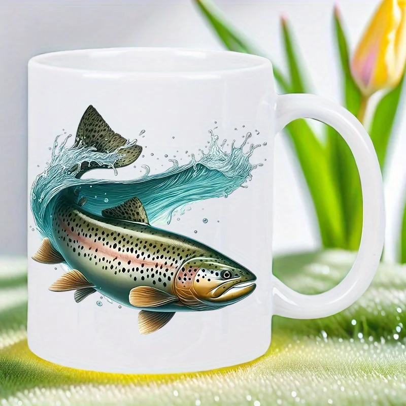 

Nature-Inspired Leaping Trout Ceramic Mug - Vibrant Blue & Green Design, Perfect Gift for Fishing Enthusiasts, Hand Wash Only, R