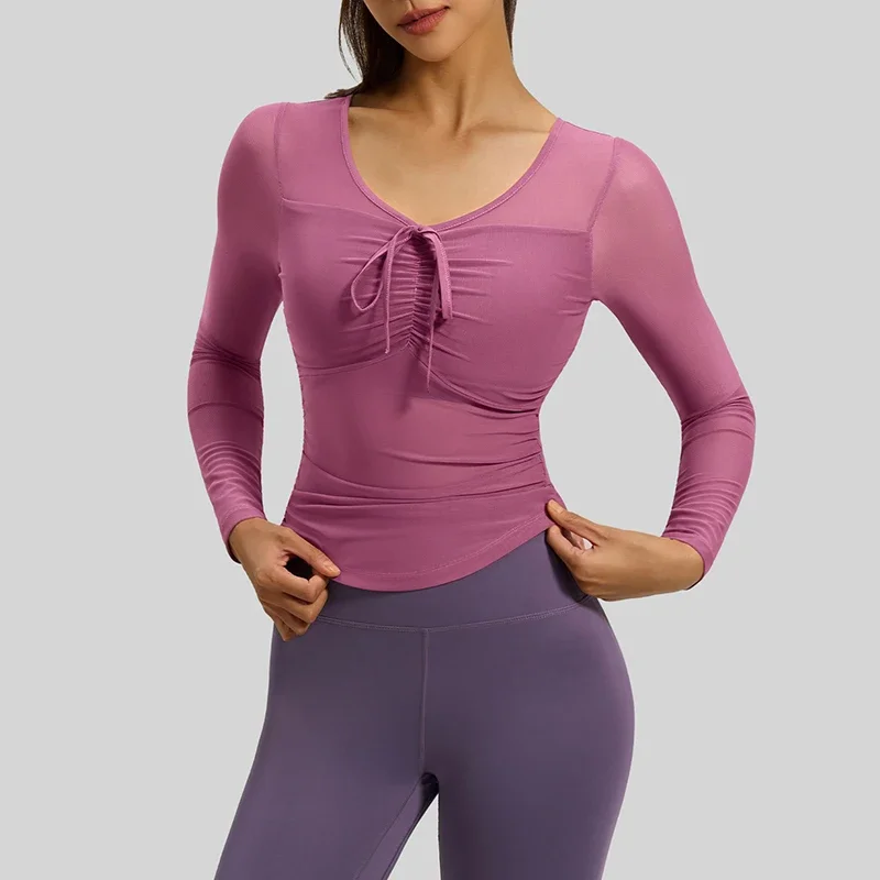 Sexy Mesh Panel Yoga Apparel Women Slim Fit Versatile Yoga Top with Fixed Built-in Pads Comfortable Breathable Sportswear