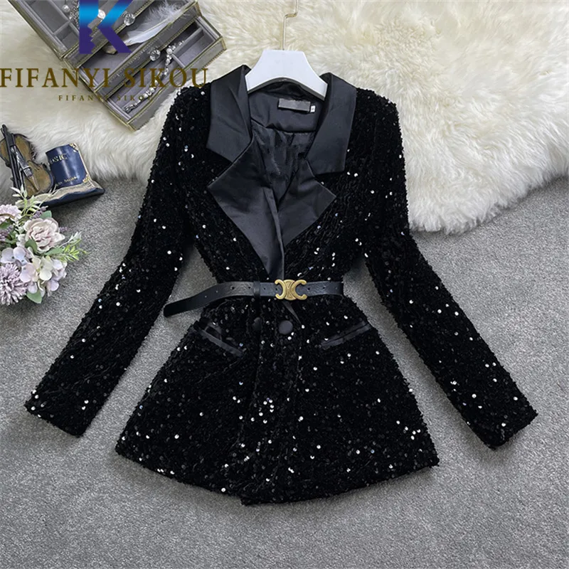 Black Sequins Suit Jacket Women Double Breasted Belt Fashion Long Sleeve Blazer Jacket Female Spring Autumn Chic Blazers Coat