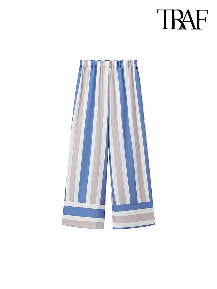 TRAF Women\'s Fashion Stripe Printed Camisole Casual Commuter Set Slim Sleeveless Tie Camisole Top Loose Comfortable Trousers Set