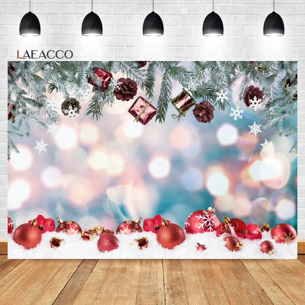 Laeacco Christmas Wood Wall Backdrop Winter Snow Wooden Board Pine Branches Lights New Year Family Party Photography Background