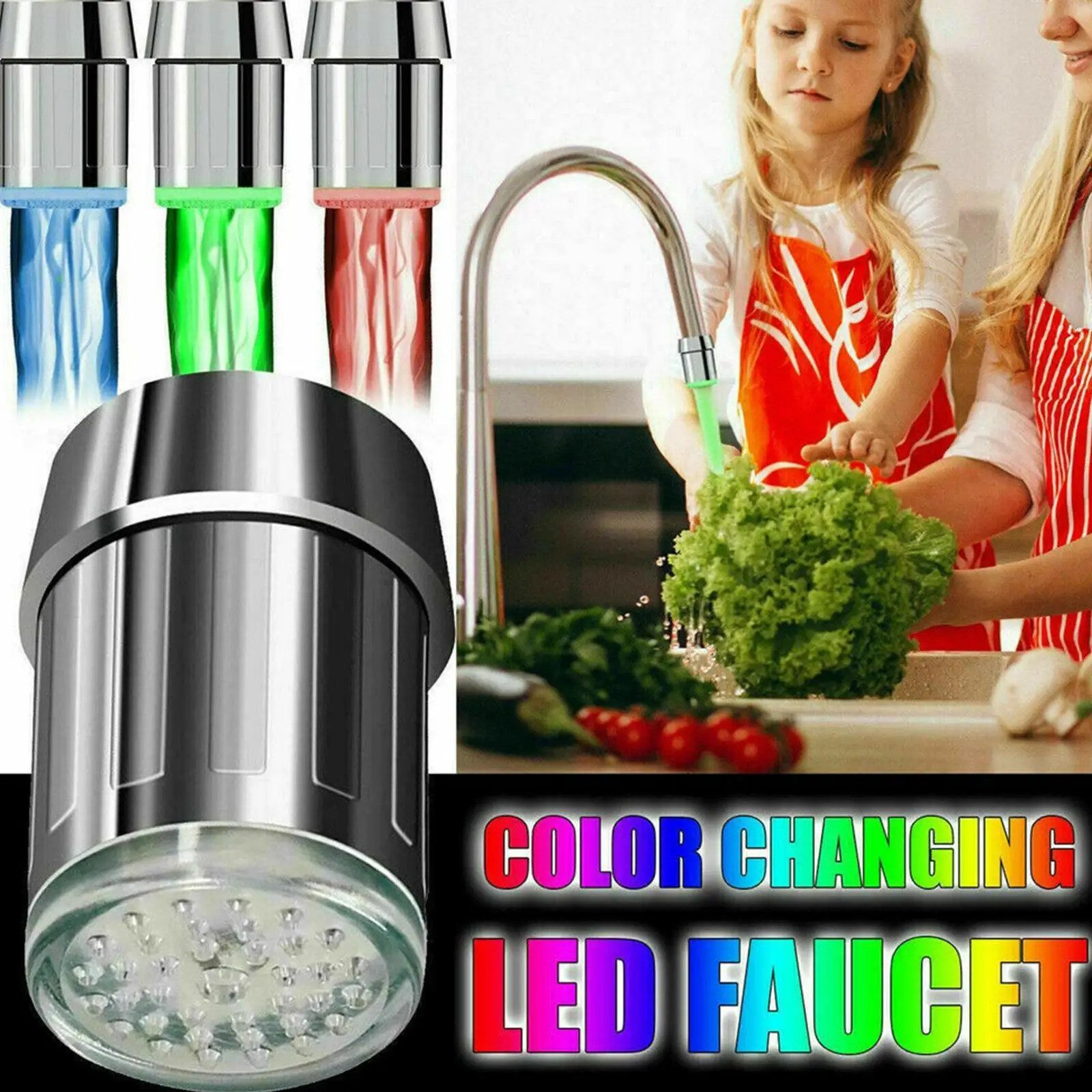 LED Faucet Head Glow Water Saving Stream Light Faucet Aerator Tap Nozzle for Kitchen Bathroom 7-Color Change Automatically