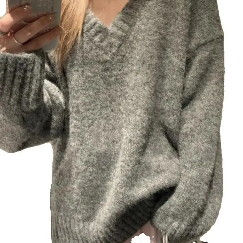 

Женский свитер с v-образным вырезом, осень-зима, ретро, чистое желание, сохраняет тепло, верхняя одежда, утепленный свободный однотонный трикотаж для девочек, ленивый стиль