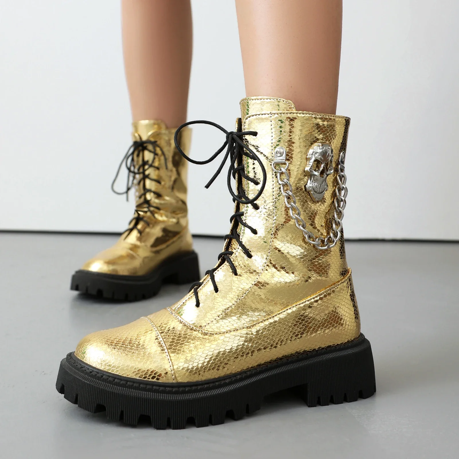 2024 new autumn winter women ankle boots plus size 22.5-26cm pu/printing fabric Metal chain thick soled boots women modern boots image 5