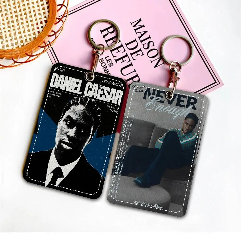 D-Daniel Caesar Music Album Freudian 1Pc PU Leather Card Holder Keychain Key Ring Door Lock Access Tags ID Card Case Keychain