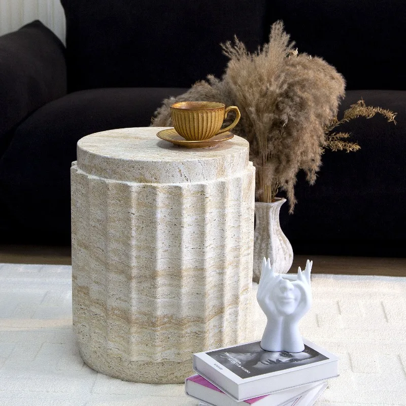 

Modern Roman Column Side Table Stone-Look Round Coffee Table for Hotel Classical Nightstand for Bedroom Vintage End Tables